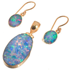 Gold Plated 925 Silver Aaa Australian Opal Matched Pendant Earring Set, 1 1/4"