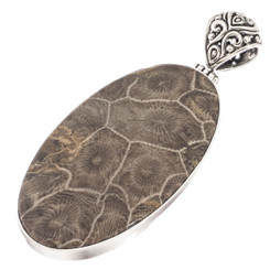 925 Silver Large Flower Pattern Fossil Coral Handmade Sterling Pendant, 2 5/8"