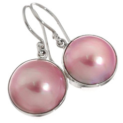Big Lusterous Pink Mabe Ocean Cultured Pearl 295 Silver Earrings, 3/4"