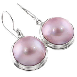 Big Lusterous Pink Mabe Ocean Cultured Pearl 295 Silver Earrings, 3/4"
