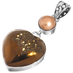 925 Silver Bronze Brown Heart Titanium Druzy Freshwater Pearl Pendant, 1 3/4"