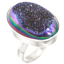 925 Silver Oval Peacock Purple Green Titanium Druzy Sterling Adj Sz 8 Ring, 1"