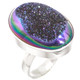 925 Silver Oval Peacock Purple Green Titanium Druzy Sterling Adj Sz 8 Ring, 1"