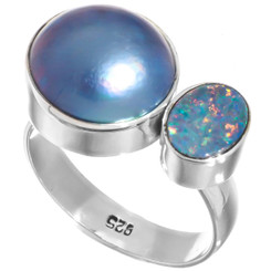 925 Silver Blue Mabe Ocean Cultured Pearl Australian Opal Sterling Sz 6 Ring