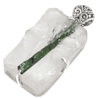925 Silver Green Tourmaline Rutile In White Quartz  Sterling Pendant, 2 1/8"