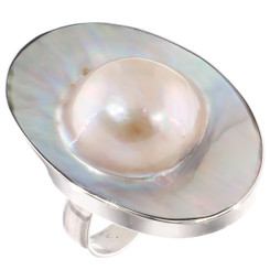 925 Silver Oval Opulent Mabe Blister Mother Of Pearl Shell  Sz 9 Ring, 1 1/4"