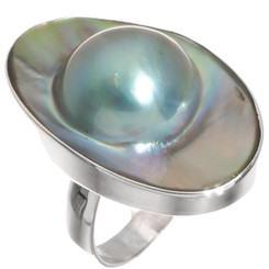 925 Silver Big Oval Opulent Mabe Blister Mother Of Pearl Shell Sz 8 Ring, 1 1/4"