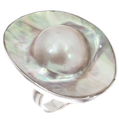 925 Silver Big Oval Opulent Mabe Blister Mother Of Pearl Shell Sz 8 Ring, 1 1/4"
