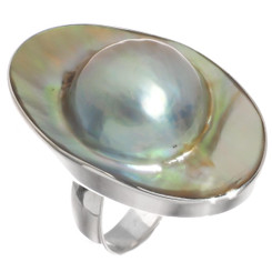925 Silver Oval Opulent Mabe Blister Mother Of Pearl Shell Sz 7 Ring, 1 1/4"