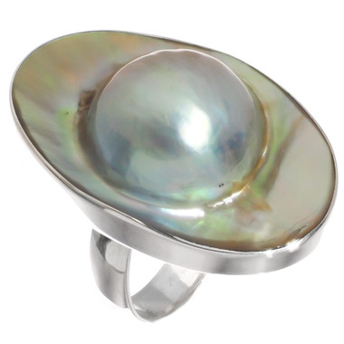 925 Silver Oval Opulent Mabe Blister Mother Of Pearl Shell Sz 7 Ring, 1 1/4"