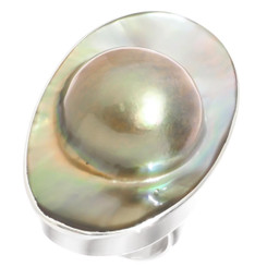 925 Silver Oval Opulent Mabe Blister Mother Of Pearl Shell Sz 7 Ring, 1 1/4"