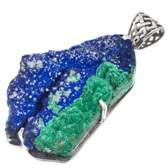 925 Silver Rare Malachite In Blue Azurite Druzy Sterling Pendant, 2 1/2"