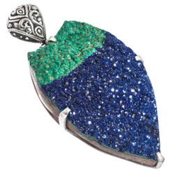 925 Silver Very Rare Malachite In Blue Azurite Druzy Sterling Pendant, 2 3/4"