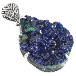 925 Silver Very Rare Malachite In Blue Azurite Druzy Sterling Pendant, 2 1/4"