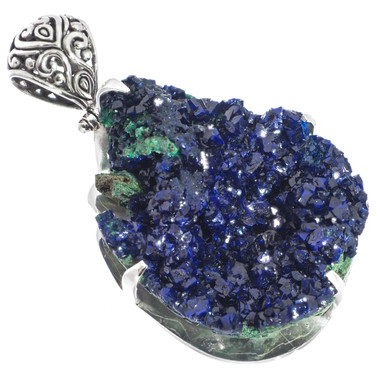 925 Silver Very Rare Malachite In Blue Azurite Druzy Sterling Pendant, 2 1/4"