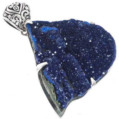 925 Silver Very Rare Sparkling Blue Azurite Druzy Sterling Pendant, 2"