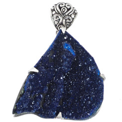925 Silver Very Rare Sparkling Blue Azurite Druzy Sterling Pendant, 2"