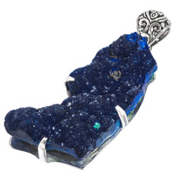 925 Silver Rare Sparkling Blue Azurite Druzy Sterling Pendant, 2 3/4"