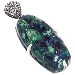 925 Silver Rare Malachite In Blue Azurite Druzy Sterling Pendant, 2 1/2"