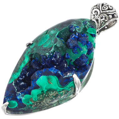 925 Silver Spectacular Malachite Blue Azurite Druzy Sterling Pendant, 2 3/4"