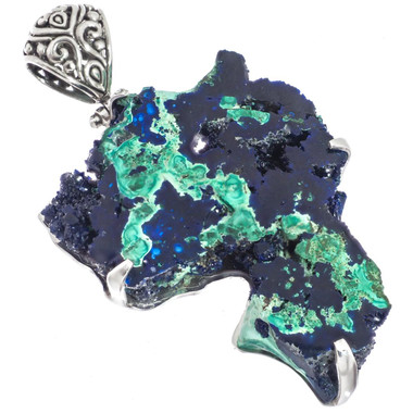 925 Silver Rare Malachite In Blue Azurite Druzy Sterling Pendant, 2 3/4"