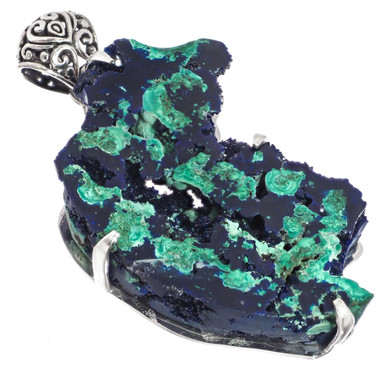 925 Silver Rare Malachite In Blue Azurite Druzy Sterling Pendant, 2 1/2"
