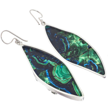 925 Silver Spectacular Malachite In Blue Azurite Sterling Earrings, 2 1/8"