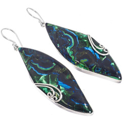 925 Silver Spectacular Malachite In Blue Azurite Sterling Earrings, 2 1/8"