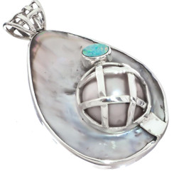 925 Silver Genuine Opal Blister Pearl Mabe Pendant, 2 1/16"