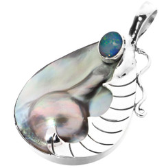 925 Silver Australian Natural Opal Mabe Pearl Sterling Pendant, 1 11/16"
