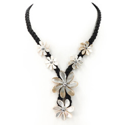 White Genuine Oyster Mother Of Pearl Shell Flower Black Braided Cord Necklace