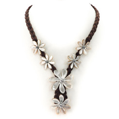 White Genuine Oyster Mother Of Pearl Shell Flower Brown Braided Cord Necklace