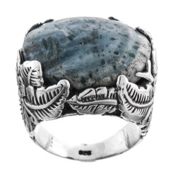 Natural Blue Coral Leaf Scrollwork 925 Sterling Silver Ring
