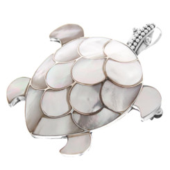 925 Silver Mother of Pearl Shell Sterling Turtle Pendant & Brooche, 1 3/8"