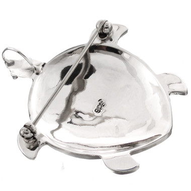925 Silver Brown Mother of Pearl Inlay Turtle Sterling Pendant Brooch, 1 7/8"