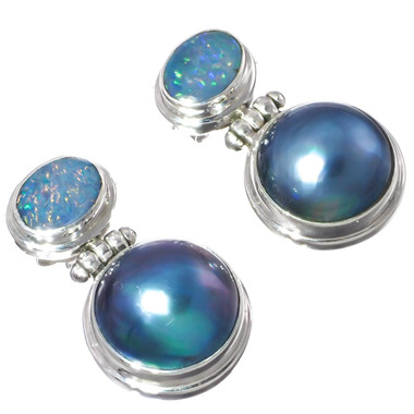 925 Silver Australian Opal Blue Mabe Ocean Pearl Sterling Post Earrings, 1"