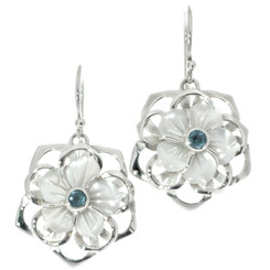 925 Silver Mother Of Pearl Flower Blue Topaz Filigree Sterling Earrings, 7/8"