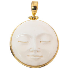 925 Silver Hand Carved Moon Goddess Bone Gold Plated Sterling Pendant, 1 3/4"
