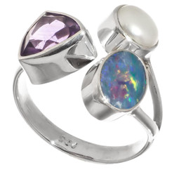 925 Silver Amethyst Trillion Australian Blue Opal Freshwater Pearl Ring (6,7,8)