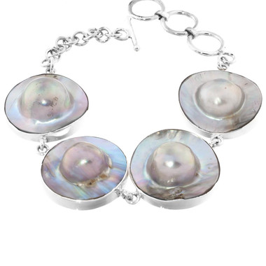 925 Silver 4 Link Mabe Blister Pearl In Mother Of Pearl Shell Bracelet