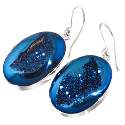925 Silver Sparklinkg Cobalt Blue Titanium Agate Druzy Sterling Earrings, 1"