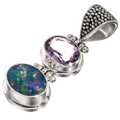 925 Silver Purple Amethyst Genuine Australian Opal Sterling Pendant, 1 7/16"