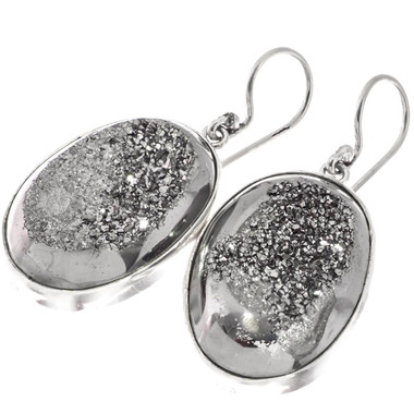 925 Silver Sparkling Oval Silver Mist Titanium Agate Druzy Sterling Earrings, 1"