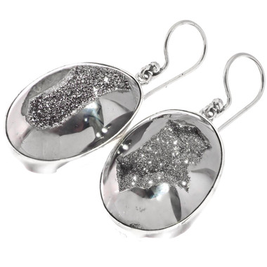 925 Silver Sparkling Oval Silver Mist Titanium Agate Druzy Sterling Earrings, 1"