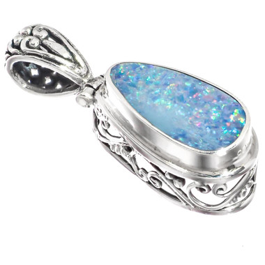 925 Silver Genuine Australian Opal In Filigree Sterling Setting Pendant, 1"