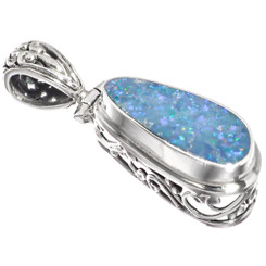 925 Silver Genuine Australian Opal In Filigree Sterling Setting Pendant, 1"