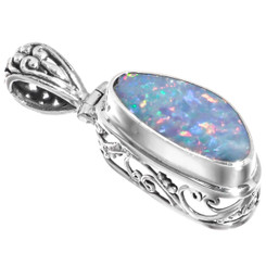 925 Silver Genuine Australian Opal In Filigree Sterling Setting Pendant, 1"