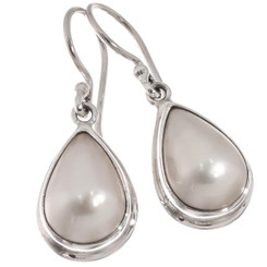 925 Silver Dainty Teardrop White Mabe Pearl Sterling Hook Earrings, 5/8"