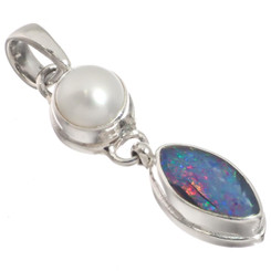925 Silver Australian Opal White Freshwater Pearl Sterling Pendant, 1 1/4"