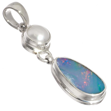 925 Silver Australian Opal White Freshwater Pearl Sterling Pendant, 1 1/4"